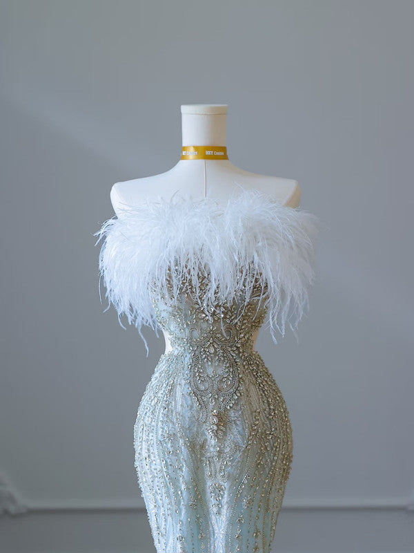 Princess Mermaid Strapless Neckline Long Sequin Light Sky Blue Long Wedding Dresses Brides Dress