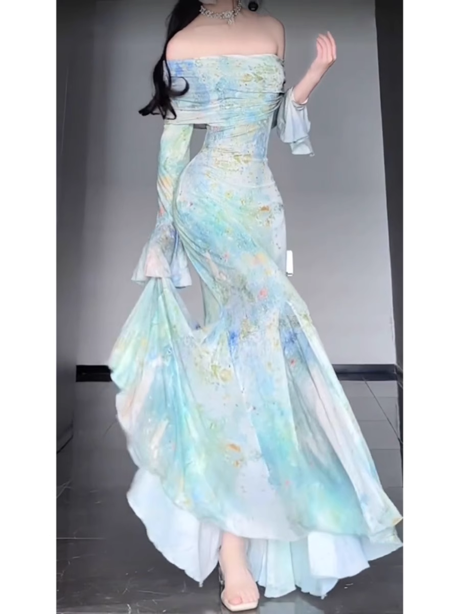 Retro Mermaid Off The Shoulder Floral Long Sleeves Party Dresses Birthday Outfits