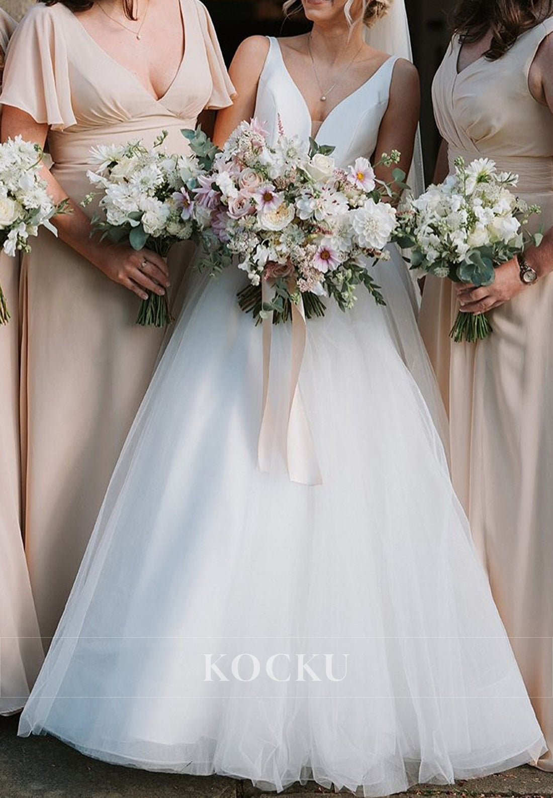 White Deep Neck Bow Back Ballgown Wedding Dress