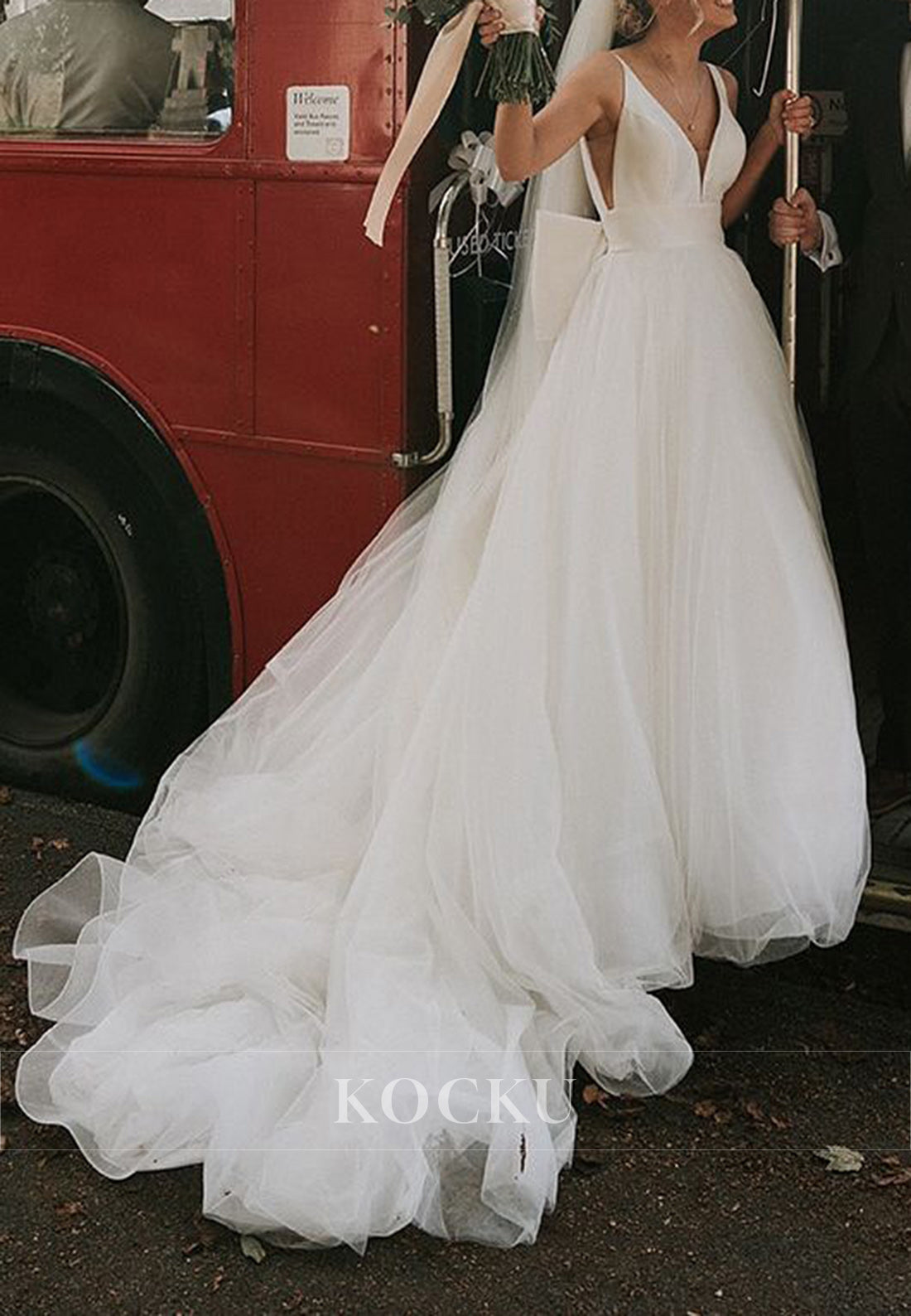 White Deep Neck Bow Back Ballgown Wedding Dress