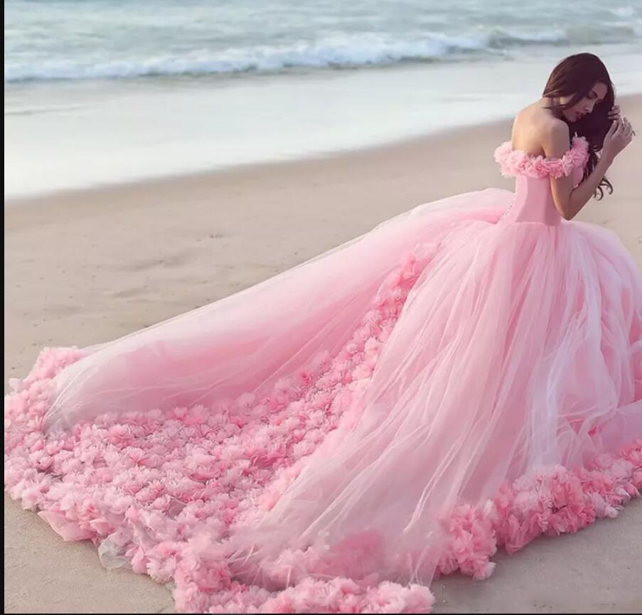 Romantic Poofy Pink Floral Wedding Dresses Off The Shoulder Ball Gown Quinceanera Dress