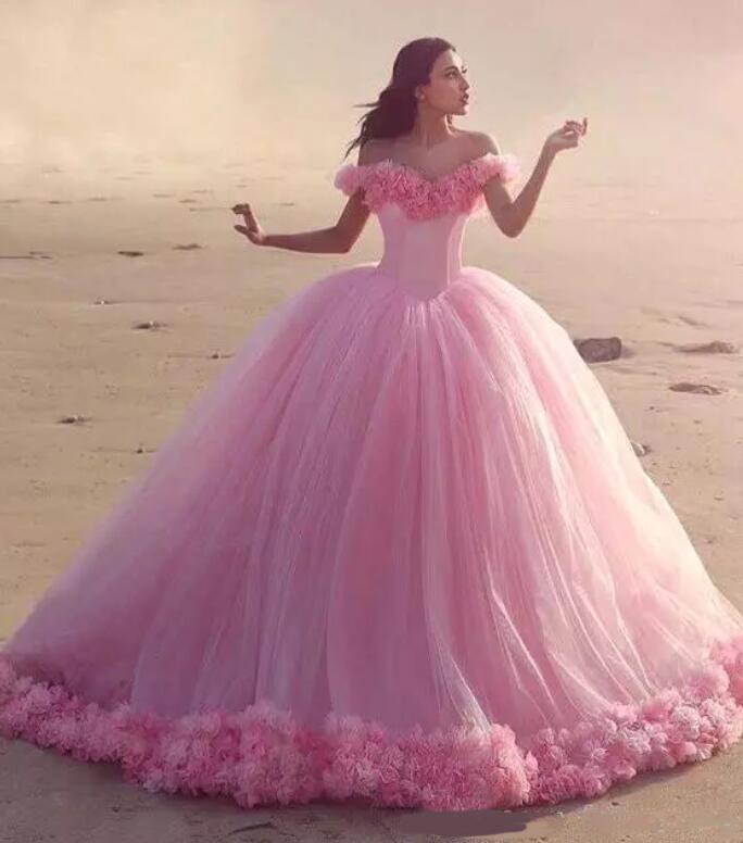 Romantic Poofy Pink Floral Wedding Dresses Off The Shoulder Ball Gown Quinceanera Dress