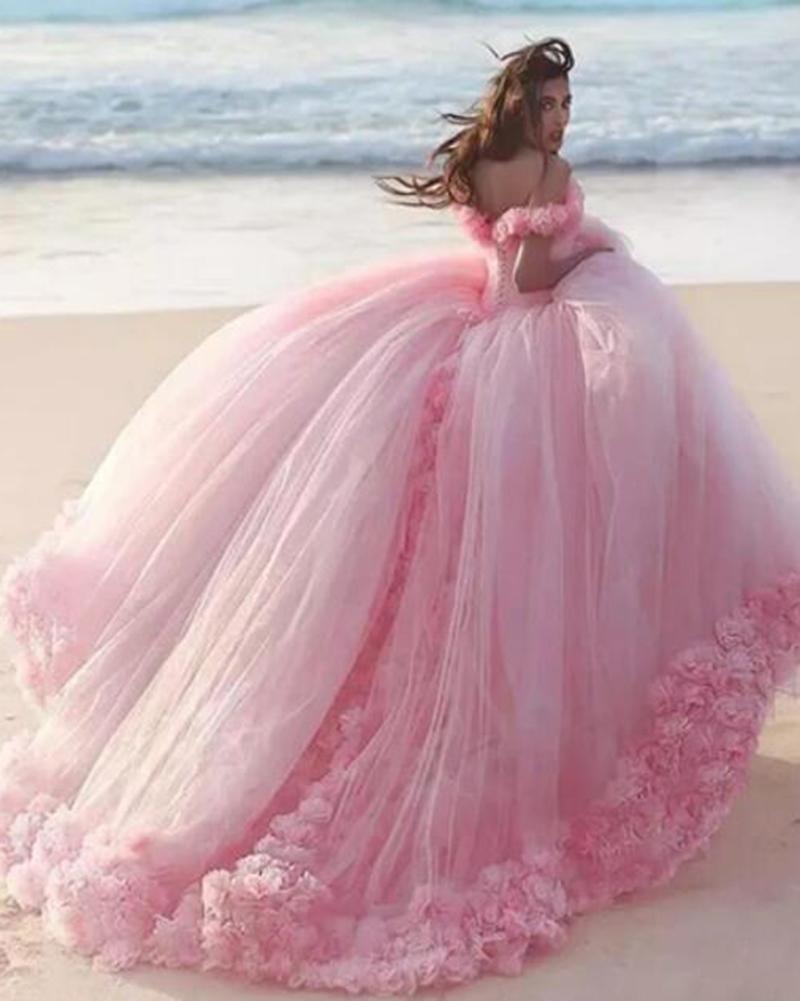 Romantic Poofy Pink Floral Wedding Dresses Off The Shoulder Ball Gown Quinceanera Dress