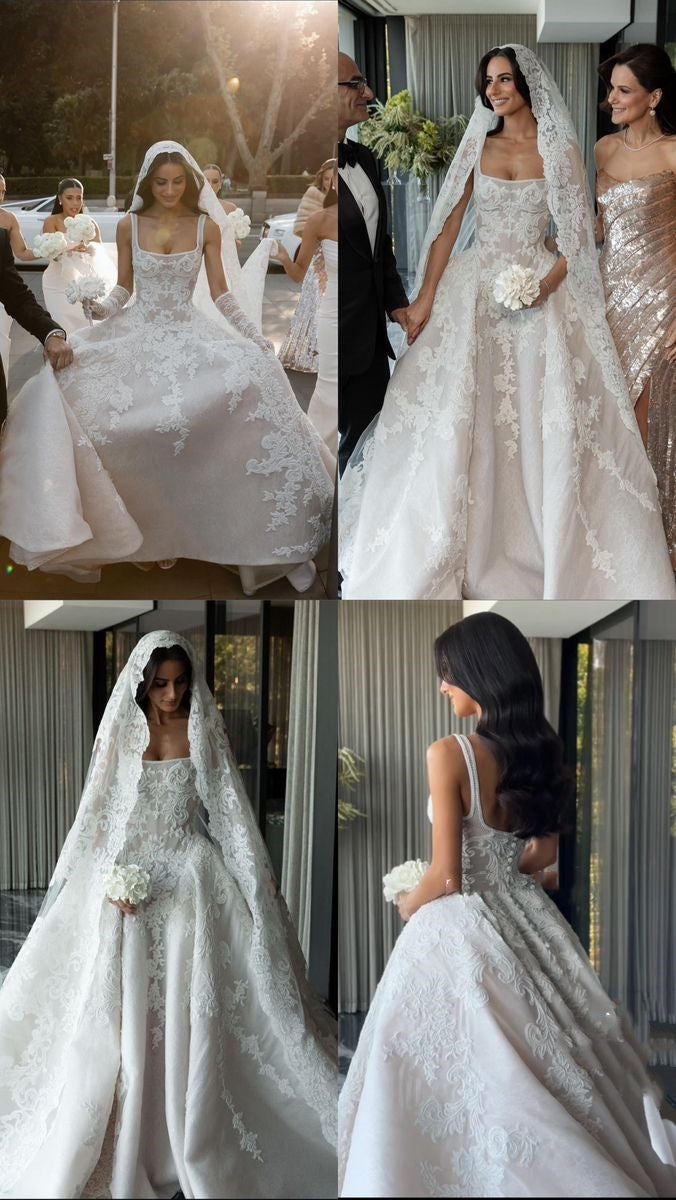 Rustic Wedding Dress Ball Gown Square Neck White Lace Tulle Long Wedding Dresses Summer Brides Dress Bridal Gowns