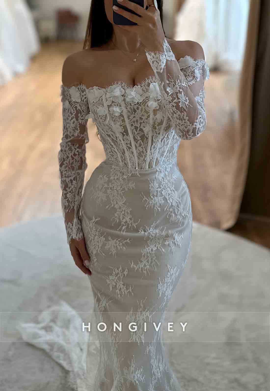 Off the Shoulder Long Sleeves Sweep Train Lace Flowers Mermaid Wedding Dresses