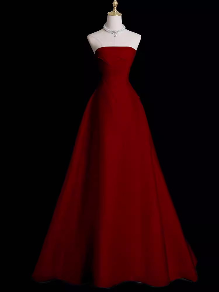 Sexy A Line Strapless Sleeveless Burgundy Long Prom Dress