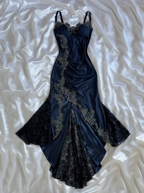 Sexy Bodycon Mermaid Straps Long Navy Blue Lace Prom Dress Party Dresses