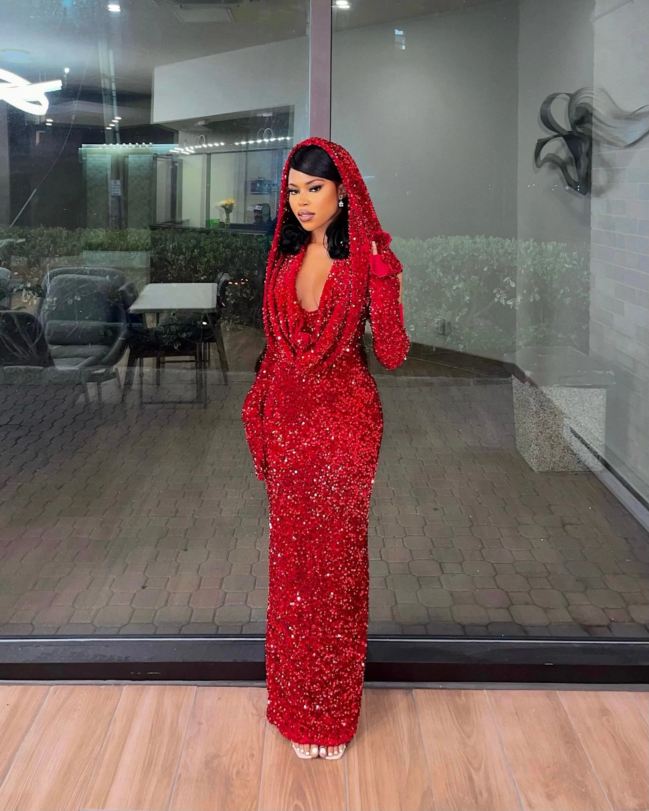 Sexy Mermaid Halter Red Sequin Long Prom Dress With Gloves