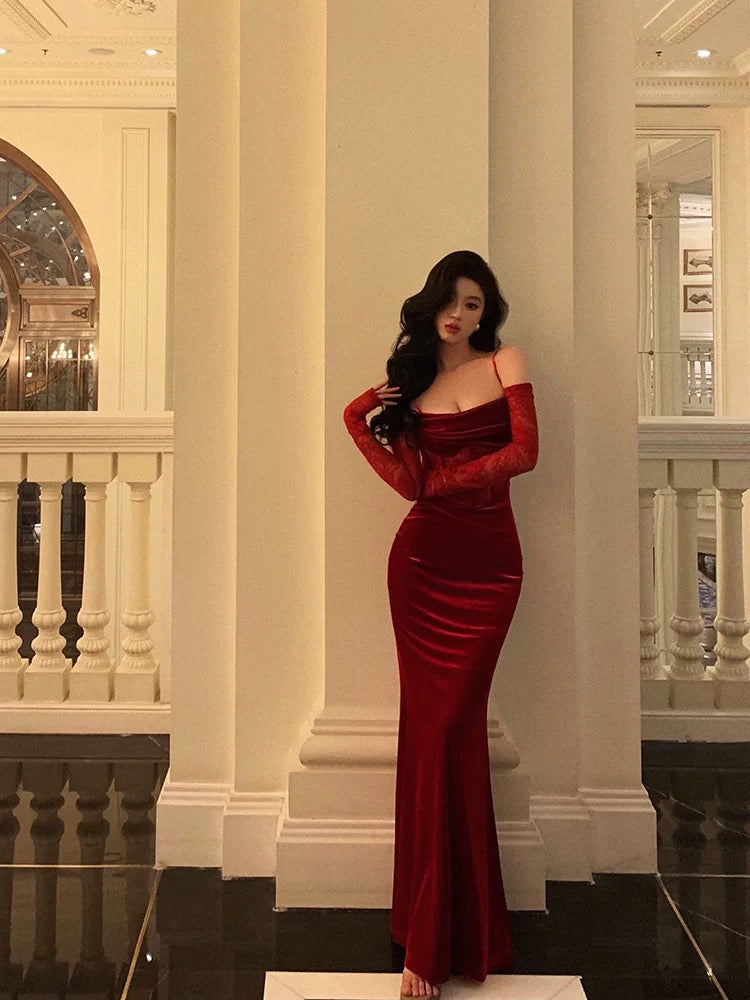 Sexy Sheath Spaghetti Straps Lace Red Velvet Long Prom Dresses Birthday Outfits With Gloves