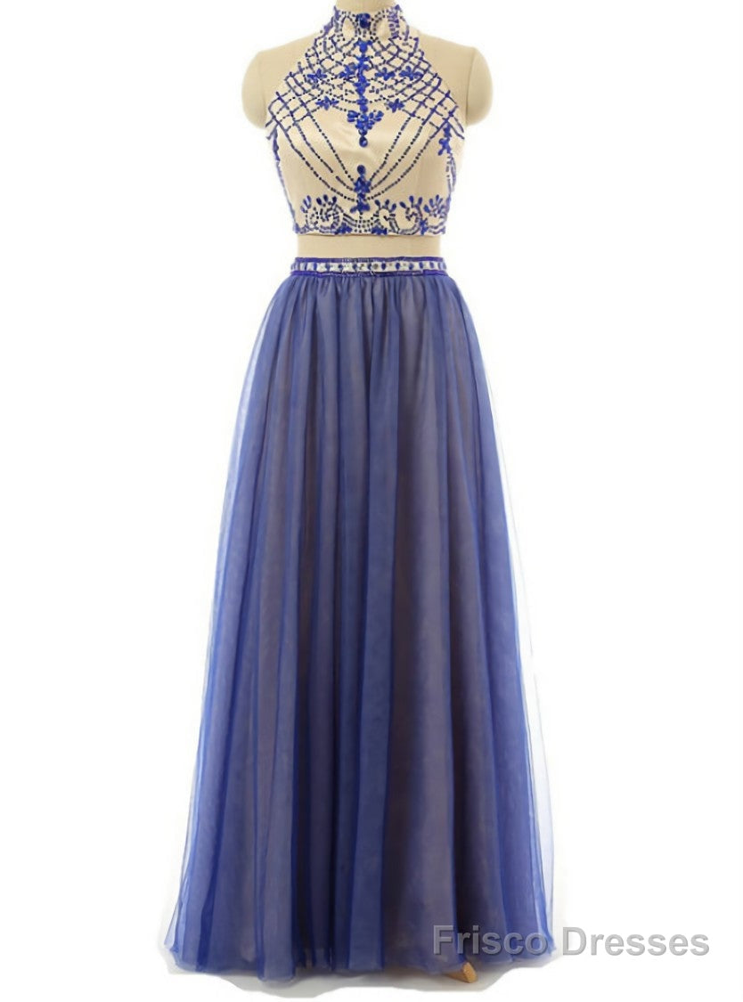 Sexy Two Piece Prom/Evening Dress Royal Blue Tulle Floor-Length Backless Beaded Party Dress