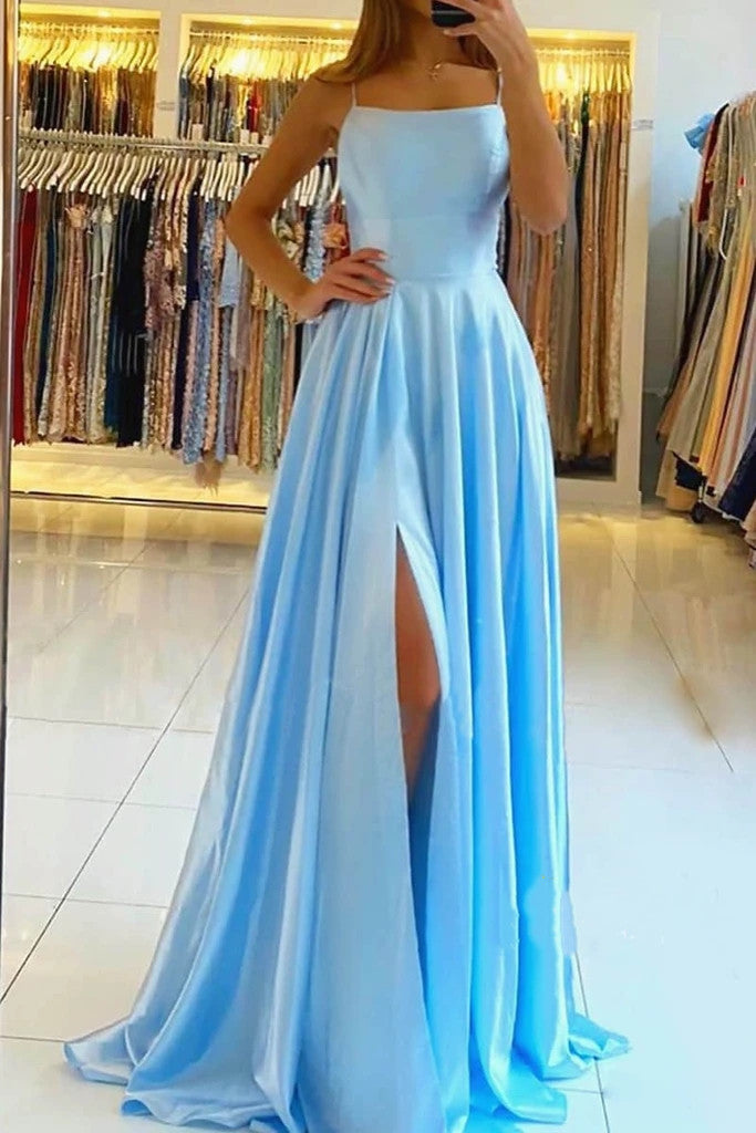 Simple A Line Sage Green Long Prom Dress With Slit Evening Party Dress
