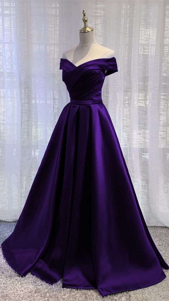 Simple Off Shoulder Satin Long Prom Dress, Dark Purple Party Dress Evening Gown