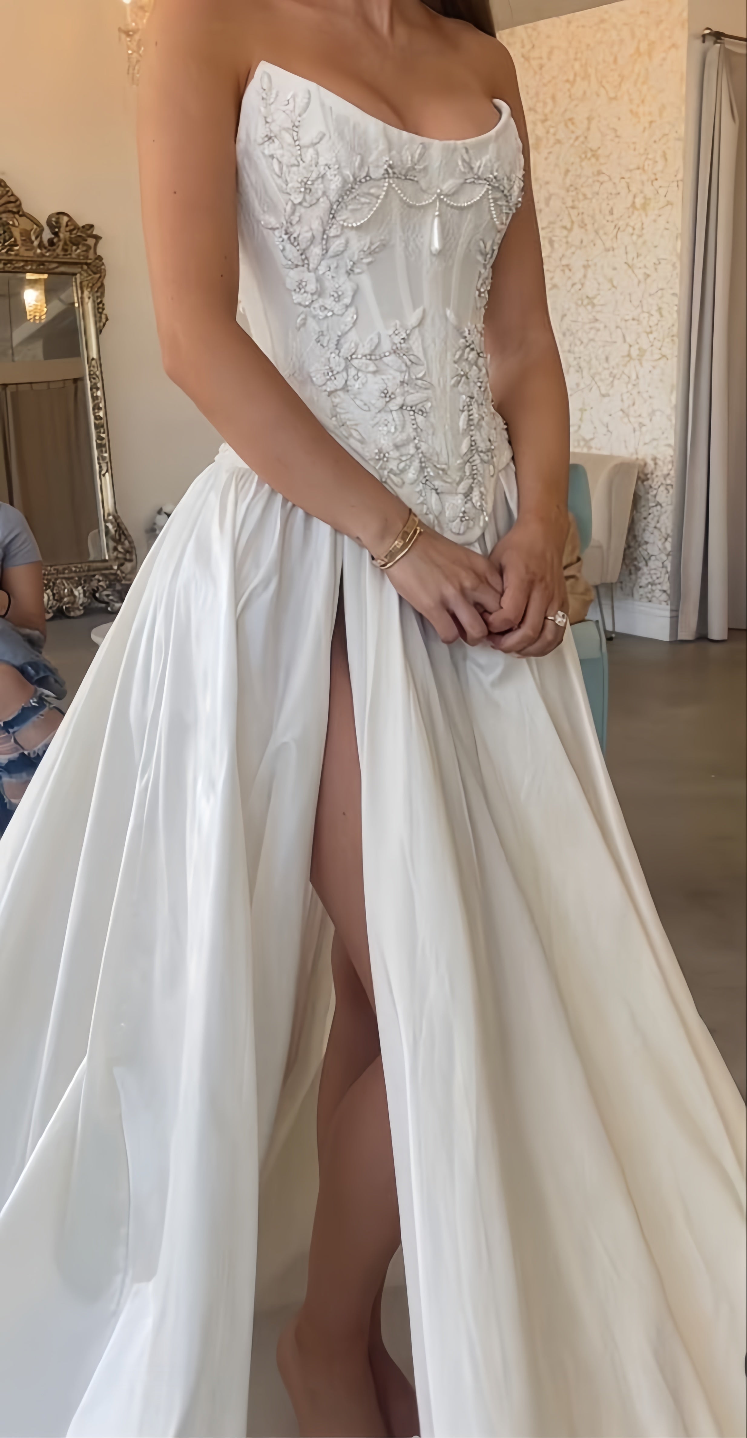 Strapless Lace Satin White Vintage Wedding Dress,