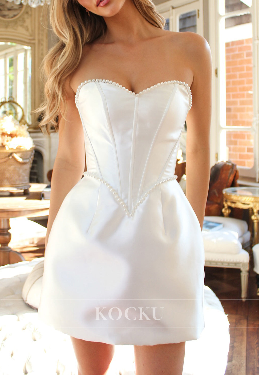 White Satin Strapless Mini Dress with Pearl Embellishments and Corset Back