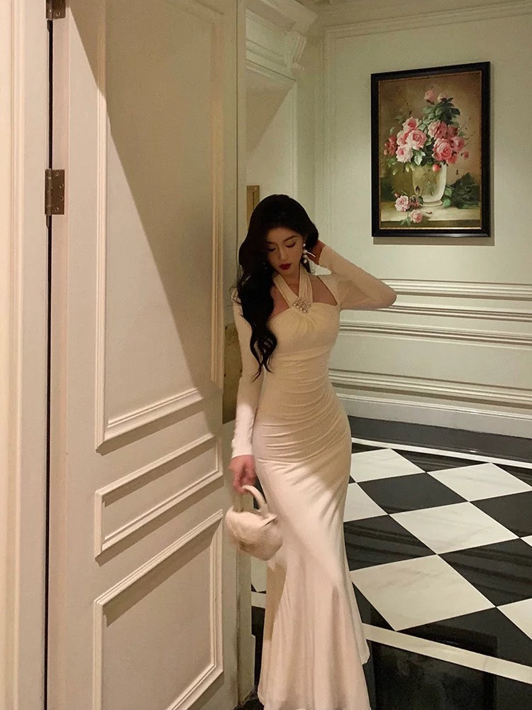 Stunning Sheath Halter Long Sleeves White Date Night Dress Ruffles Prom Dresses Birthday Outfit