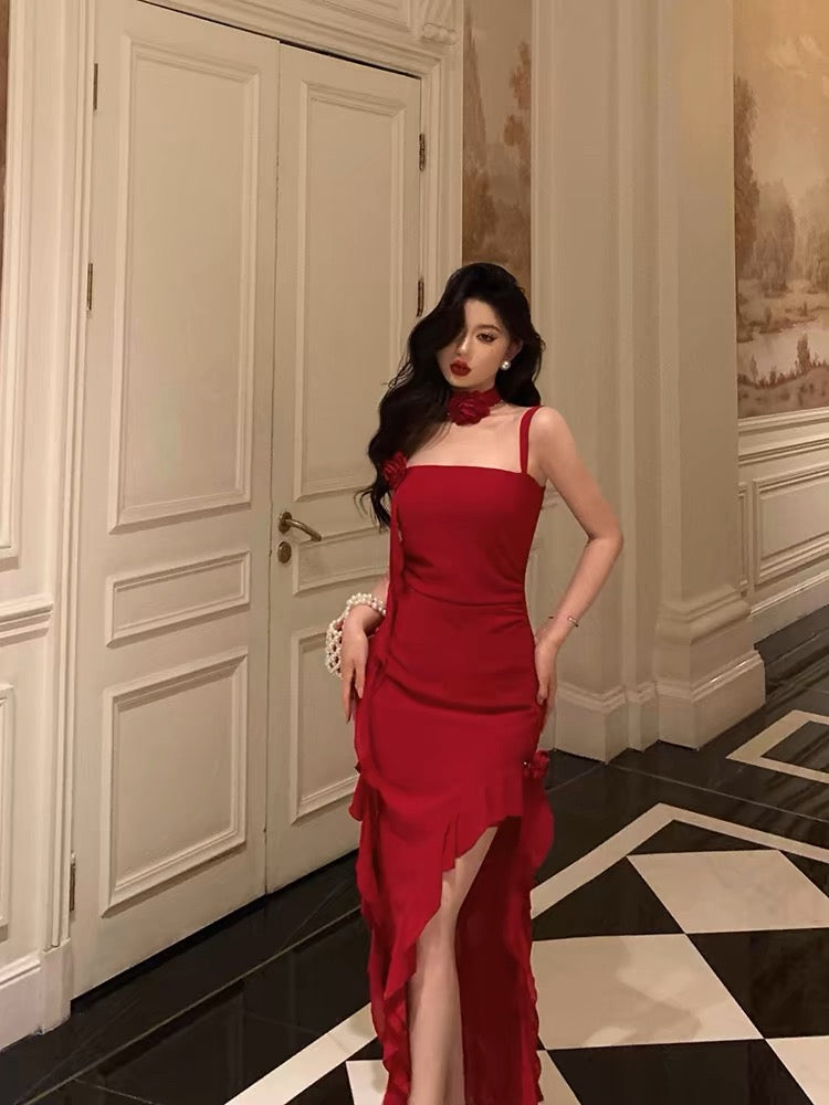 Stunning Sheath Spaghetti Straps Red Ruffles Date Night Dress Prom Dresses Birthday Outfit