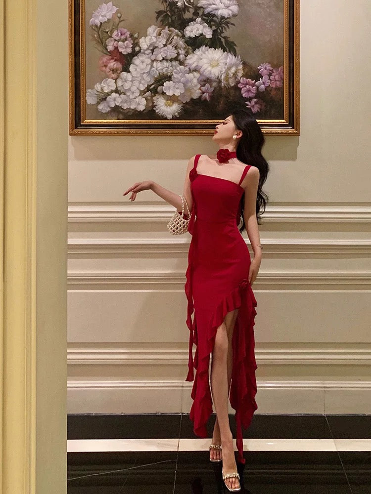 Stunning Sheath Spaghetti Straps Red Ruffles Date Night Dress Prom Dresses Birthday Outfit