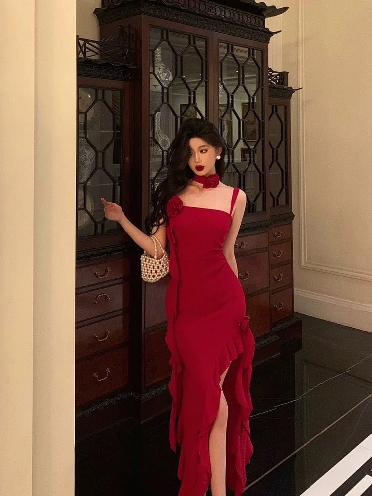 Stunning Sheath Spaghetti Straps Red Ruffles Date Night Dress Prom Dresses Birthday Outfit