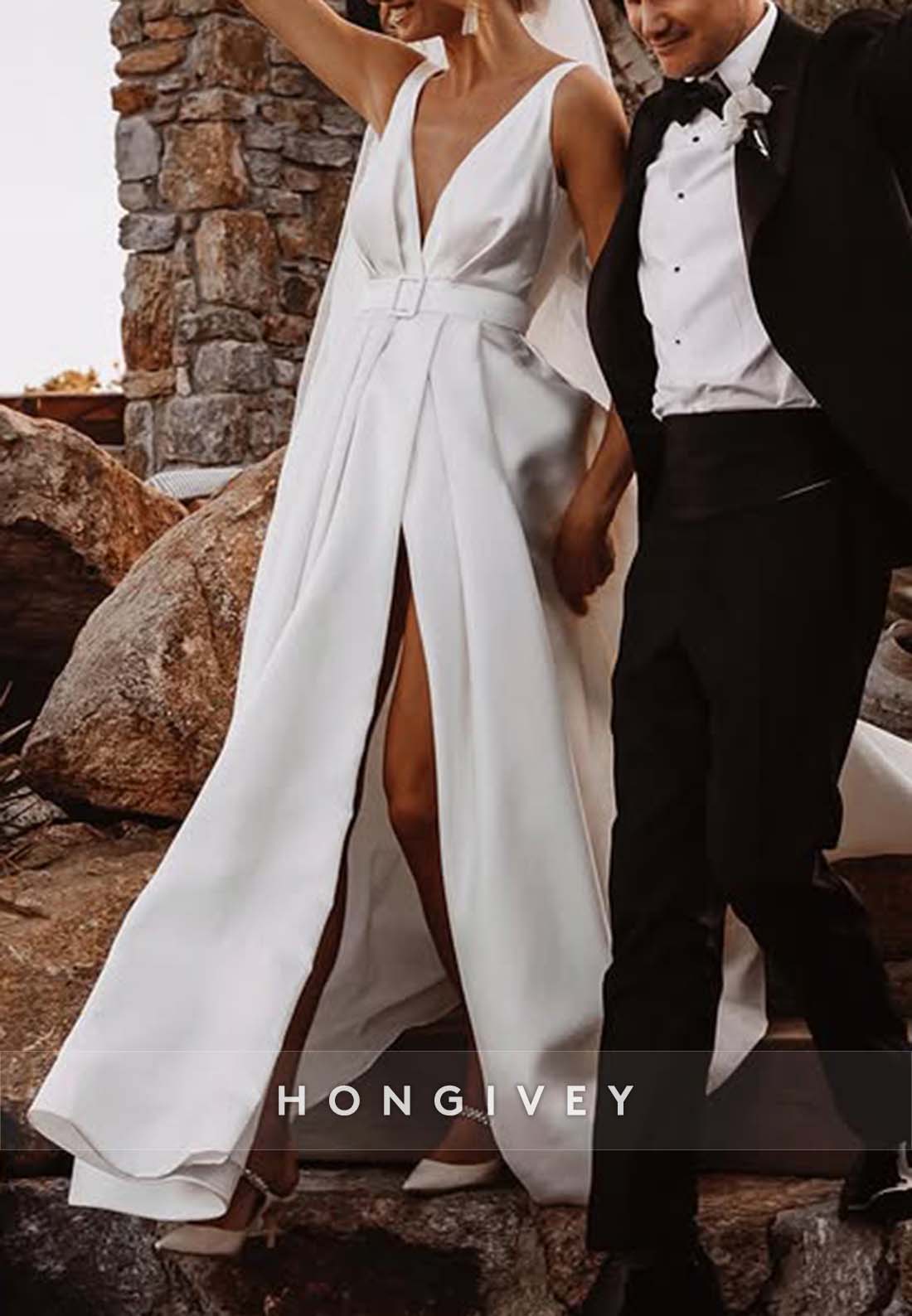 High Slit Court Train V Neck A-line Waistband Cap Straps V Back Wedding Dresses