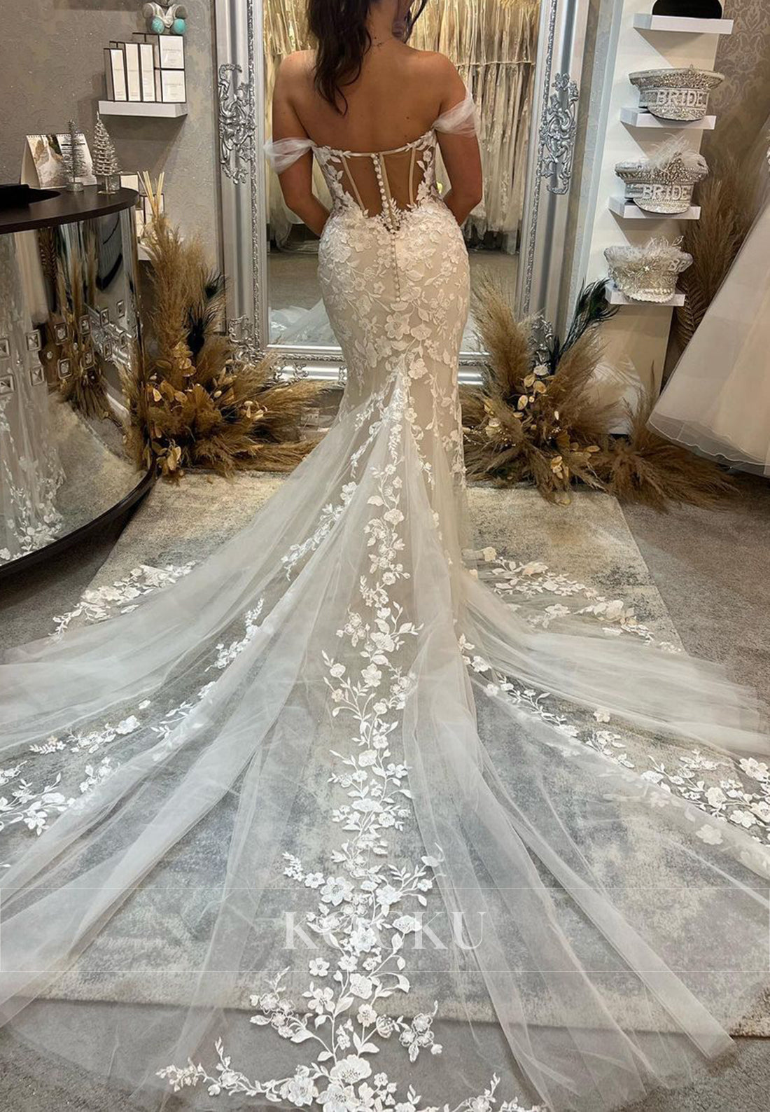 Off - Shoulder Floral Appliqué Mermaid Wedding Dress with Sheer Sleeves & Train