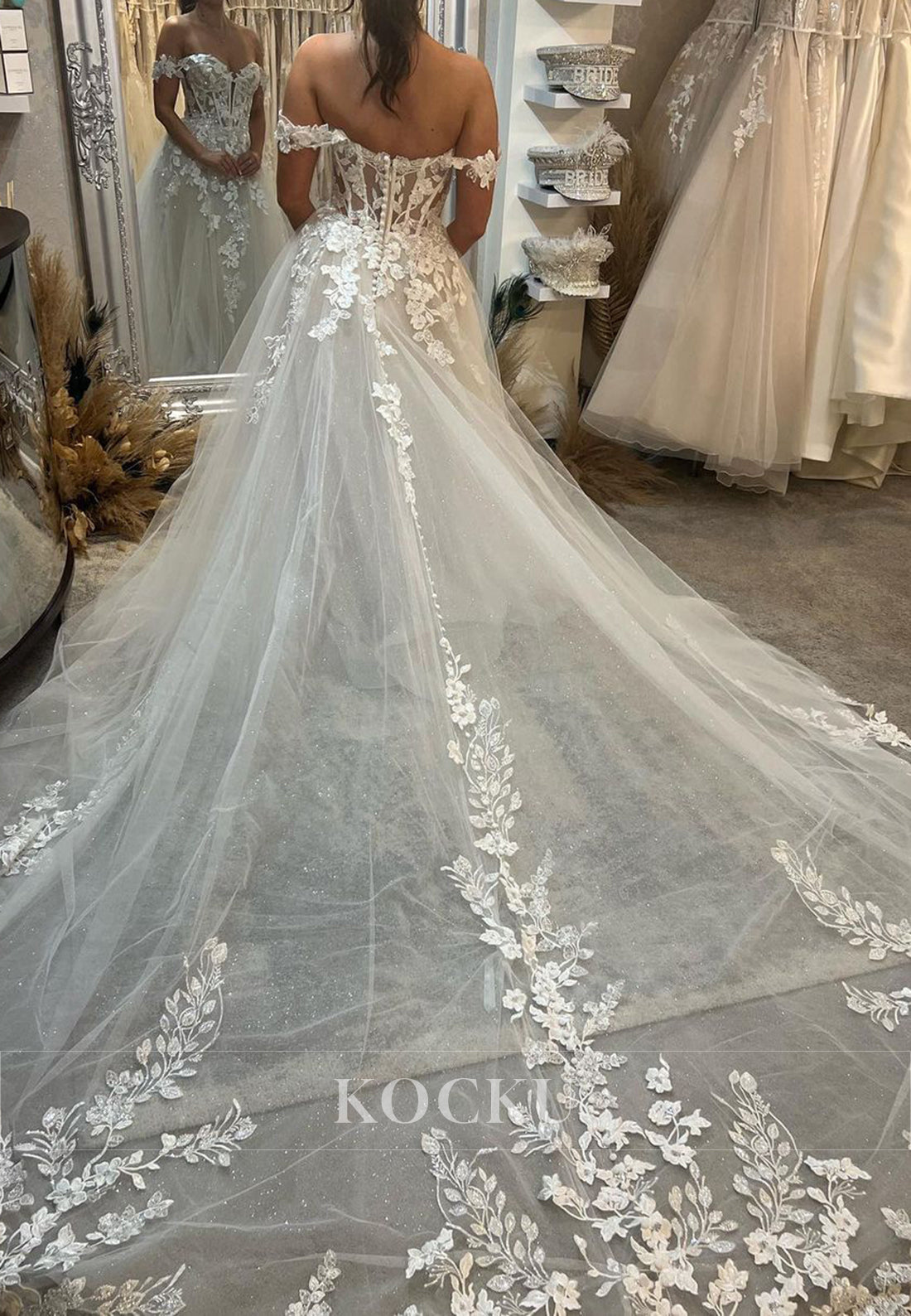 Off - Shoulder Sparkle Tulle Ball Gown Wedding Dress with 3D Floral Appliqués & Train
