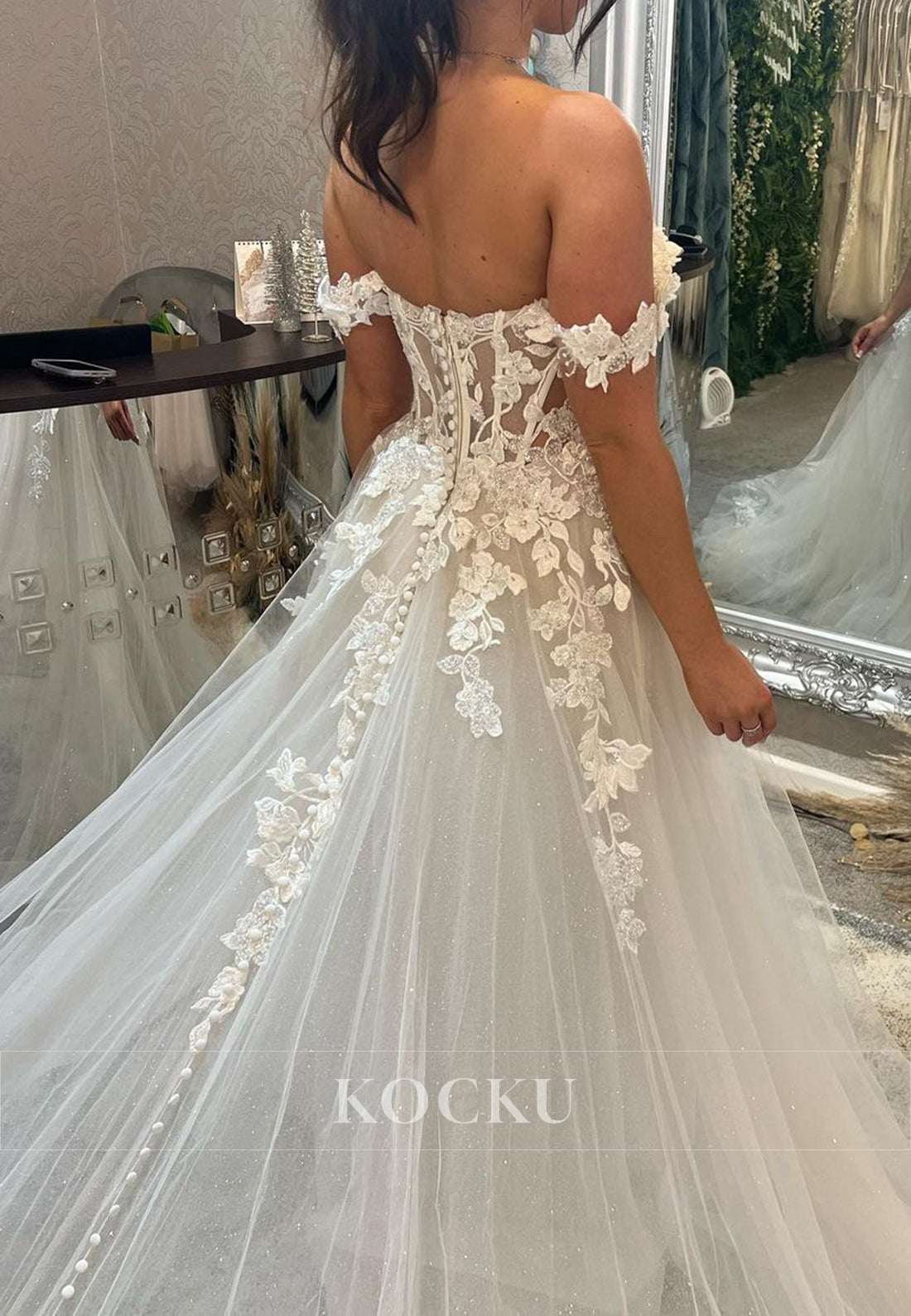 Off - Shoulder Sparkle Tulle Ball Gown Wedding Dress with 3D Floral Appliqués & Train