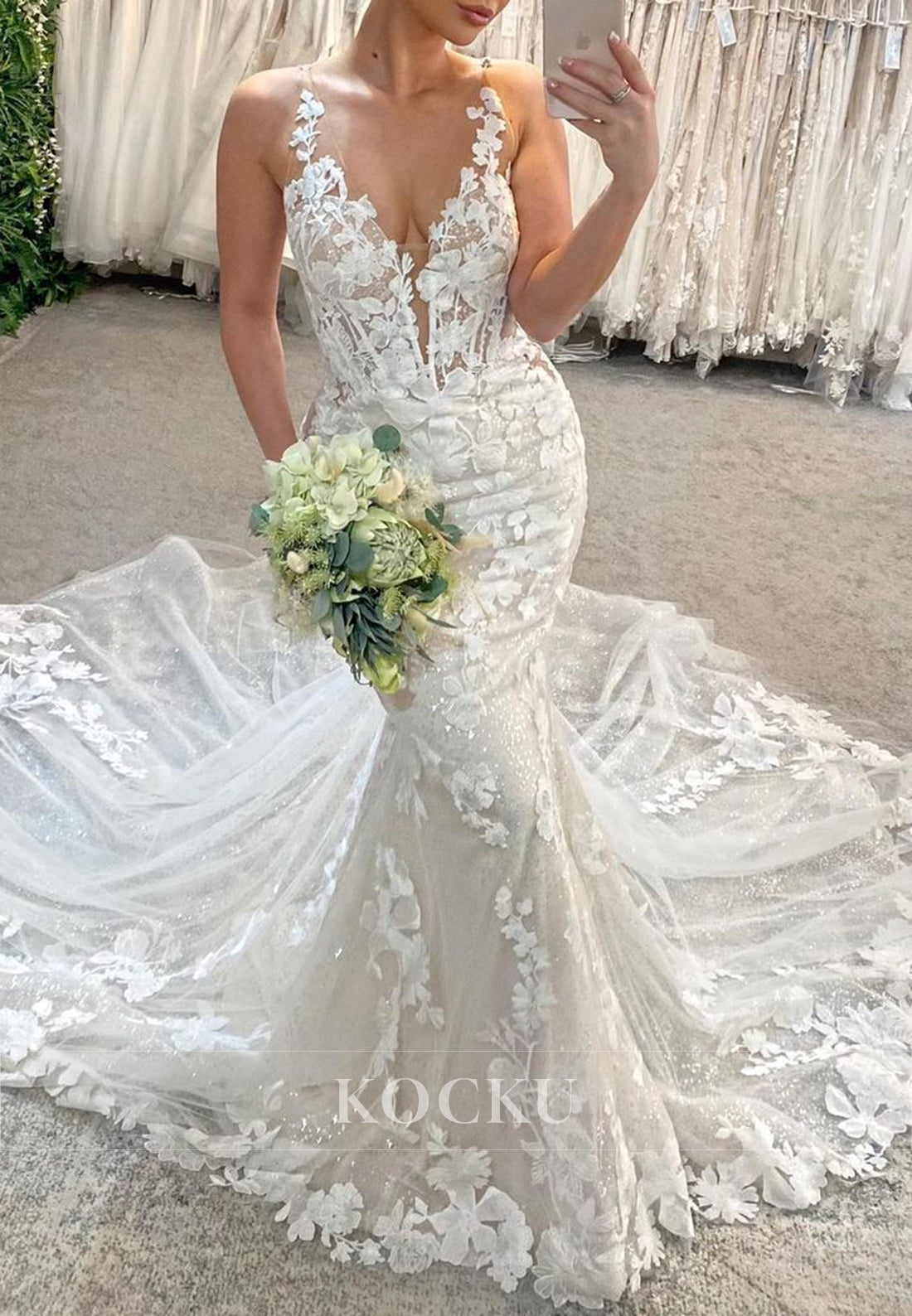 Romantic Deep V - Neck Sparkle Tulle Mermaid Wedding Dress with 3D Floral Appliqués & Train