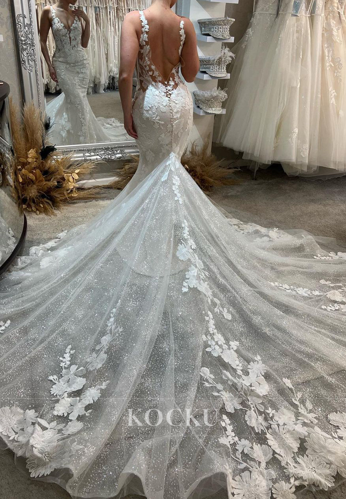 Romantic Deep V - Neck Sparkle Tulle Mermaid Wedding Dress with 3D Floral Appliqués & Train