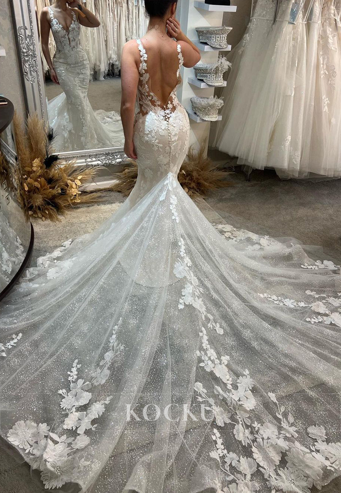 Romantic Deep V - Neck Sparkle Tulle Mermaid Wedding Dress with 3D Floral Appliqués & Train