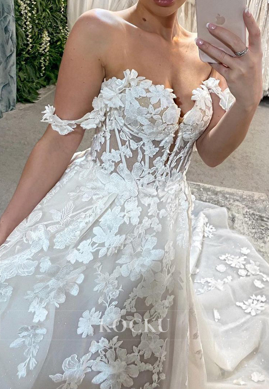 Off - Shoulder Floral Appliqué Wedding Dress with Slit & Tulle Train