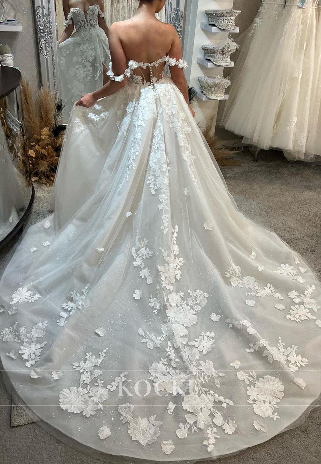 Off - Shoulder Floral Appliqué Wedding Dress with Slit & Tulle Train