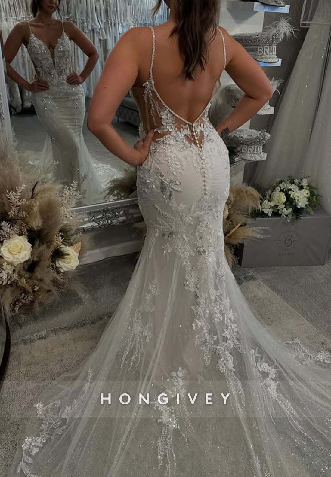 V Back Regular Straps Sleeveless Lace Tulle V Neck Chapel Train Wedding Dresses