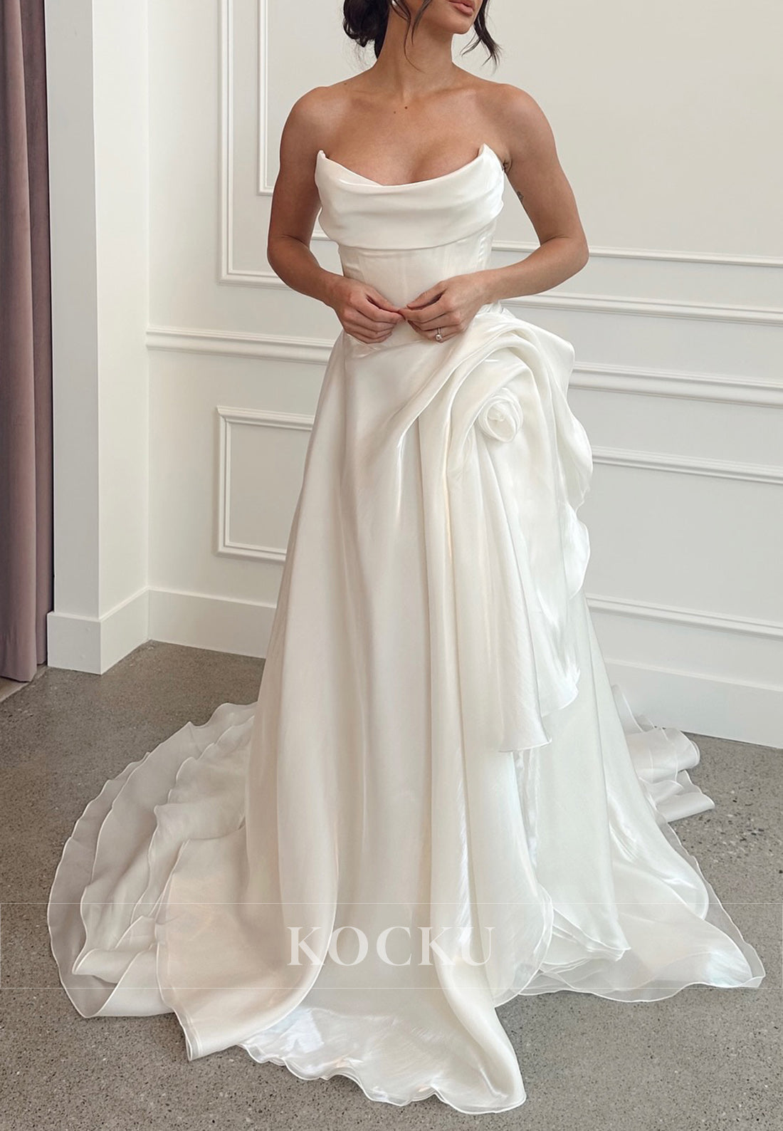 Strapless Organza Ball Gown Wedding Dress with Draped Floral Detail & Train