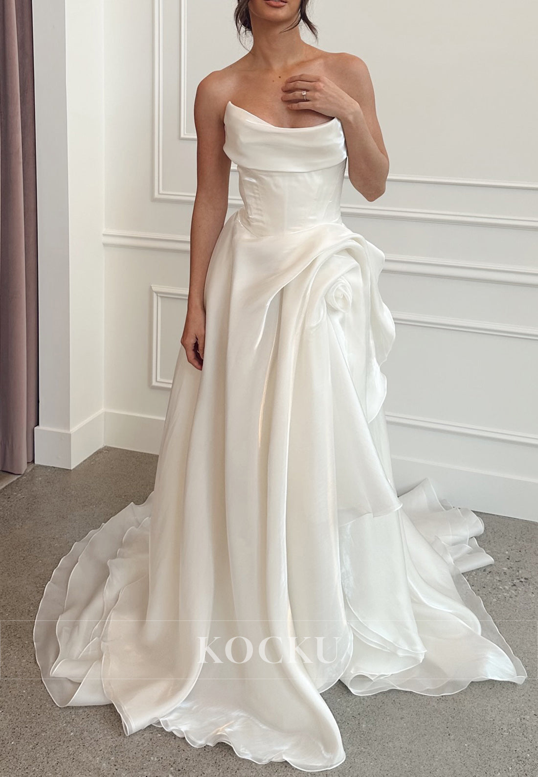 Strapless Organza Ball Gown Wedding Dress with Draped Floral Detail & Train