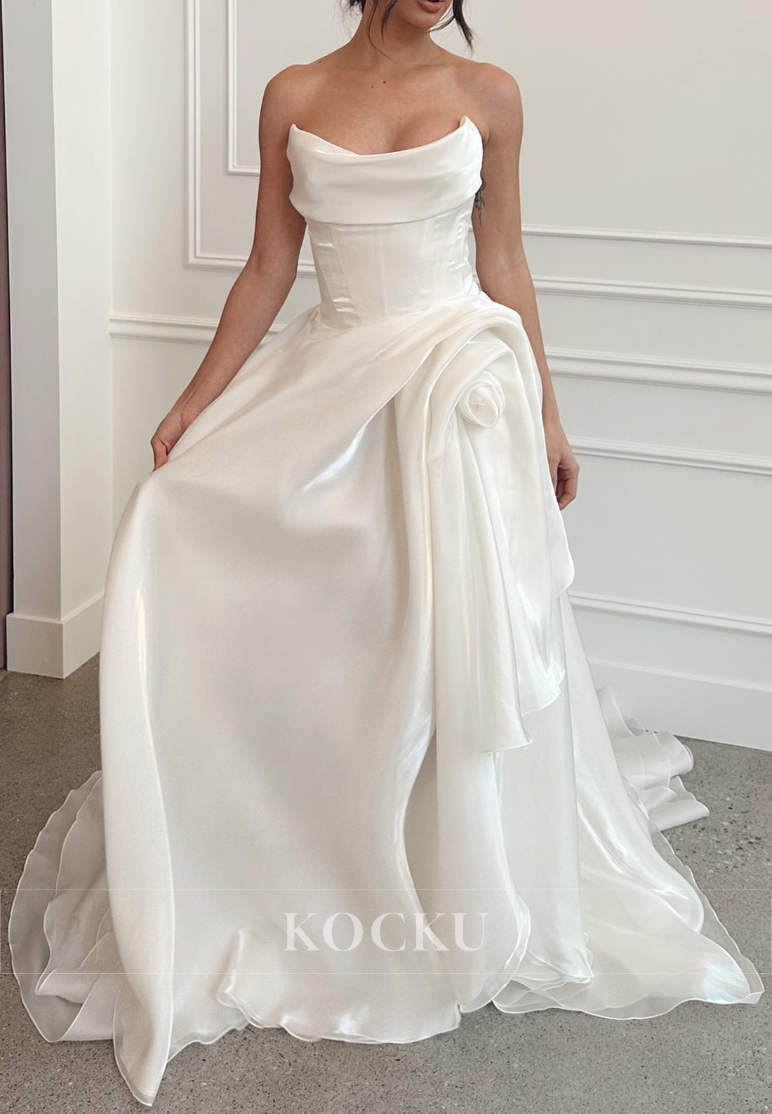 Strapless Organza Ball Gown Wedding Dress with Draped Floral Detail & Train