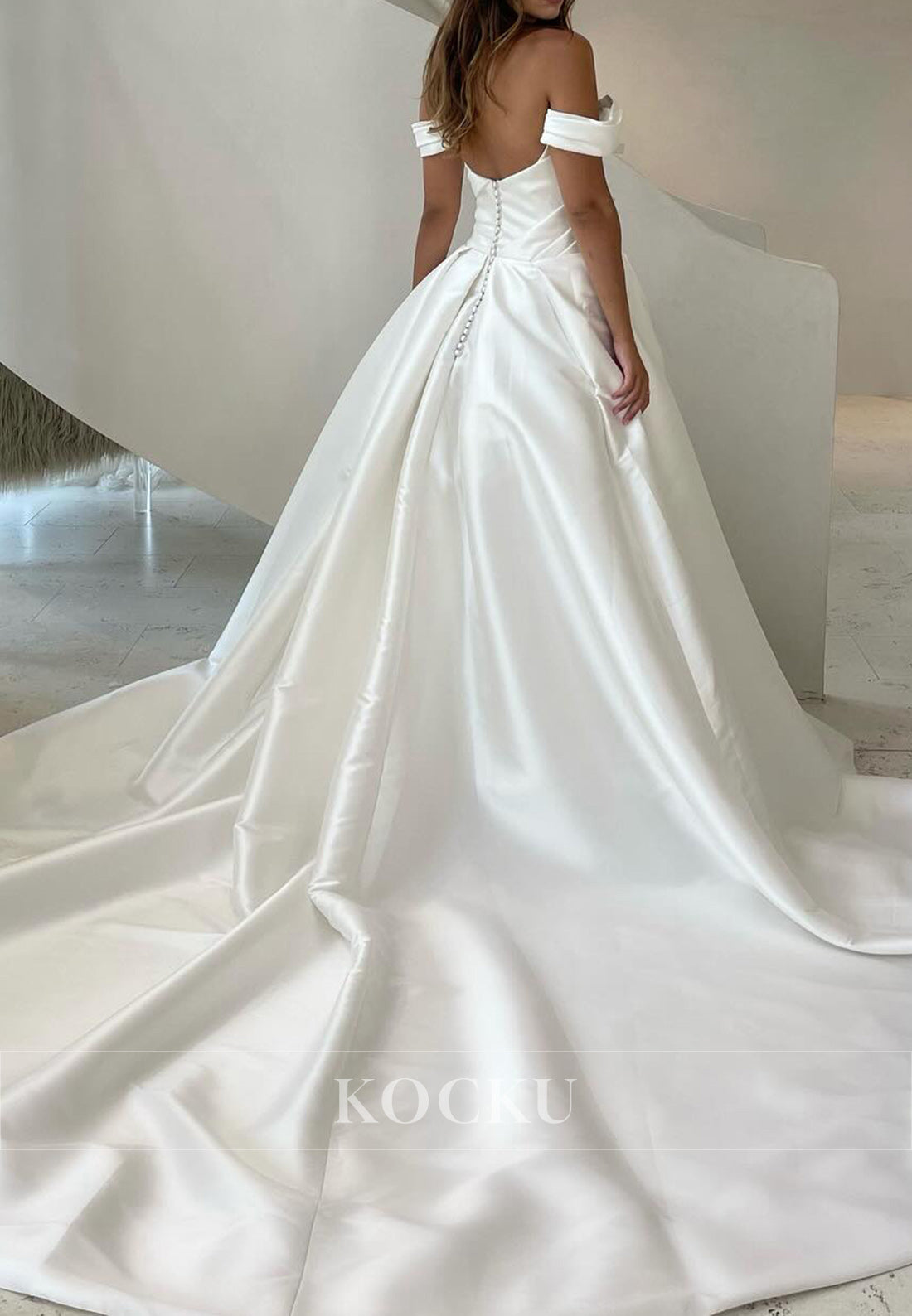 Off-Shoulder White Satin Ruched Ballgown Wedding Dress with High Split