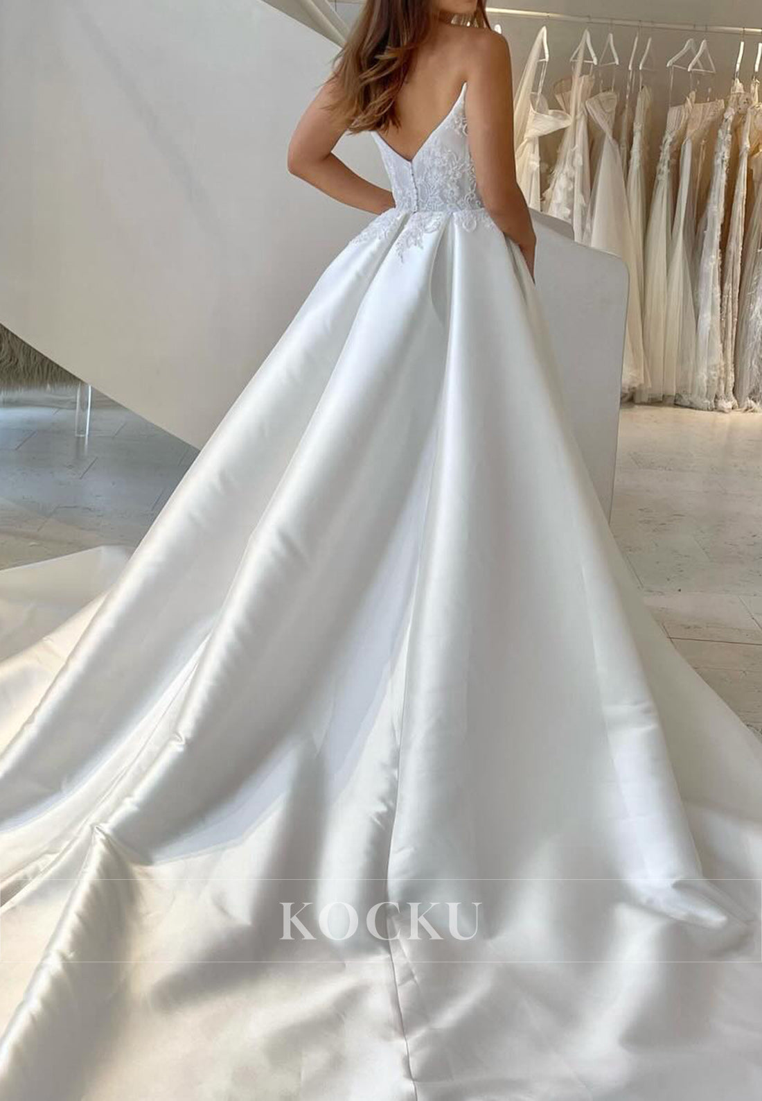 White Satin Strapless Buttons Back Ballgown Wedding Dress with Floral Lace and Slit