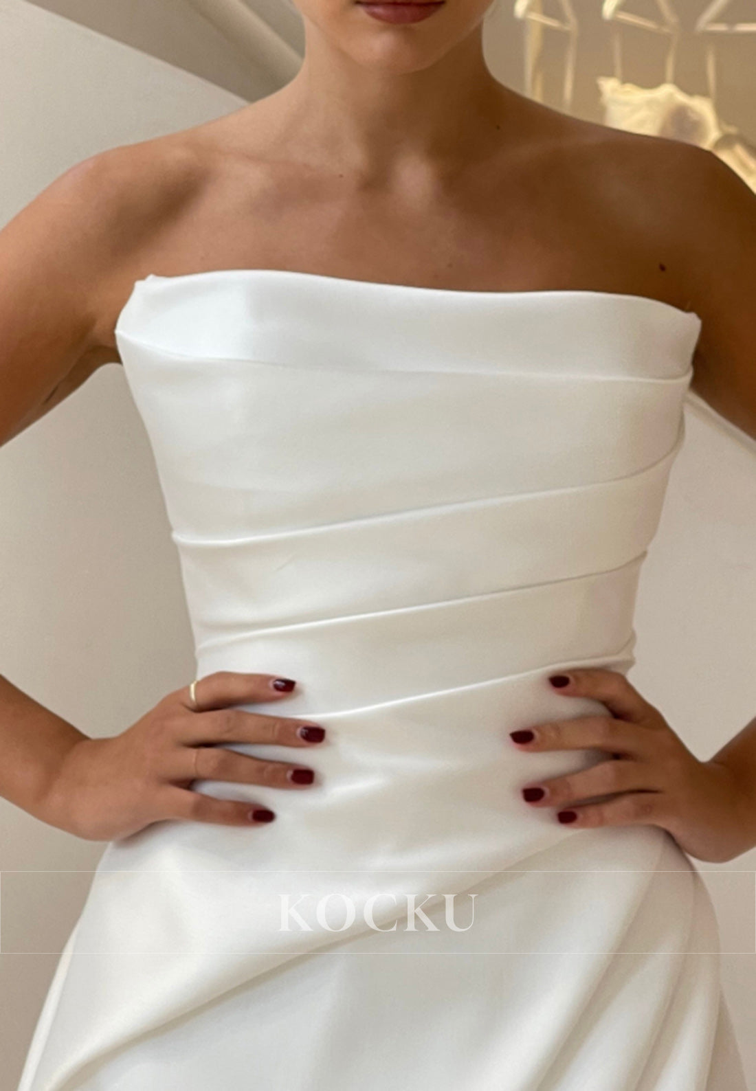 White Satin Strapless Ruched Wrap Ballgown Wedding Dress