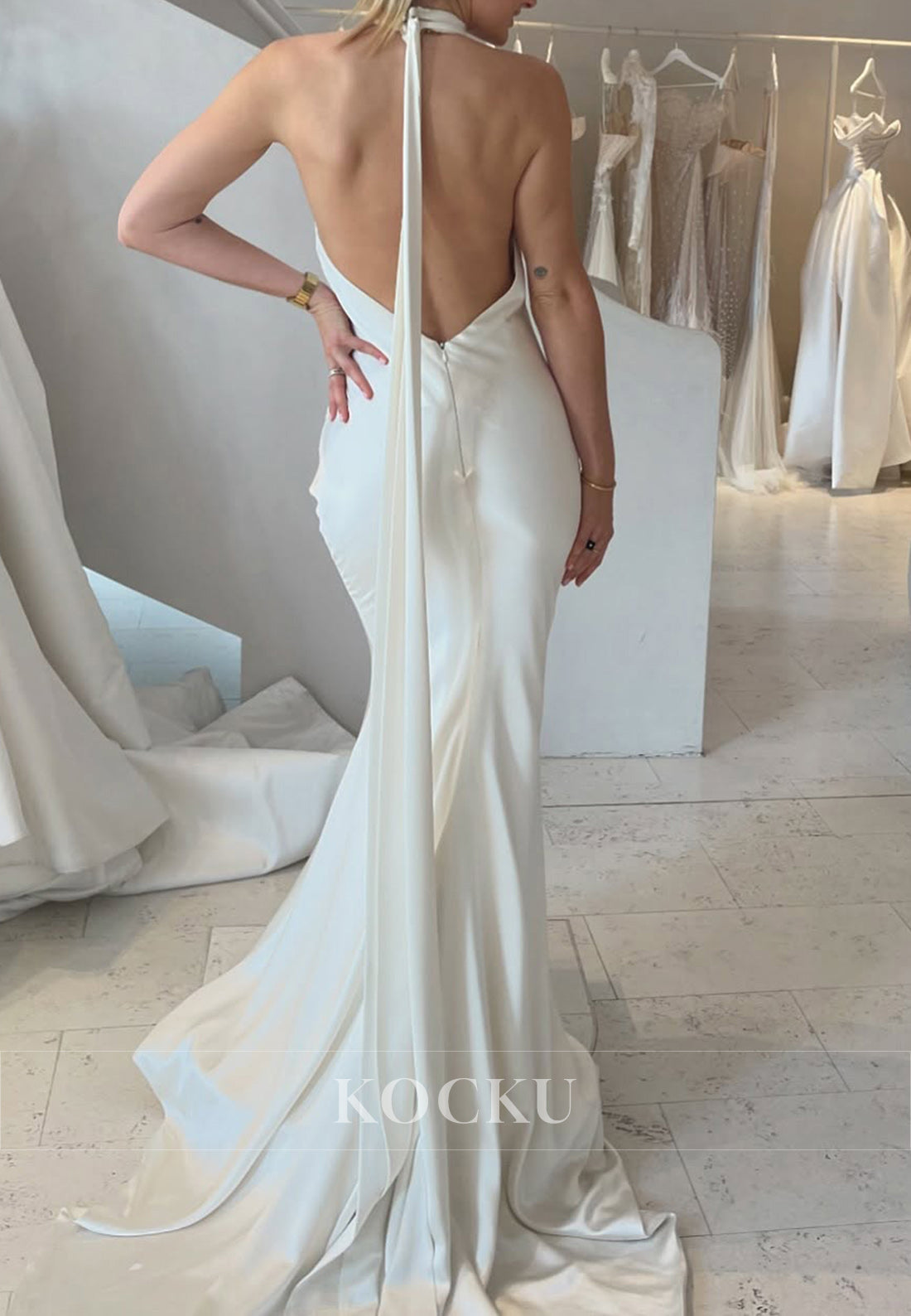 White Satin Ruched Halter Backless Mermaid Long Wedding Dress