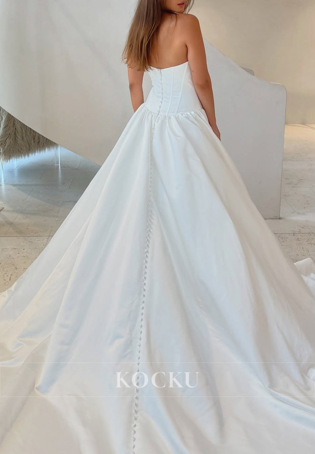 Minimalist White Satin Strapless Buttons Back Ballgown Wedding Dress
