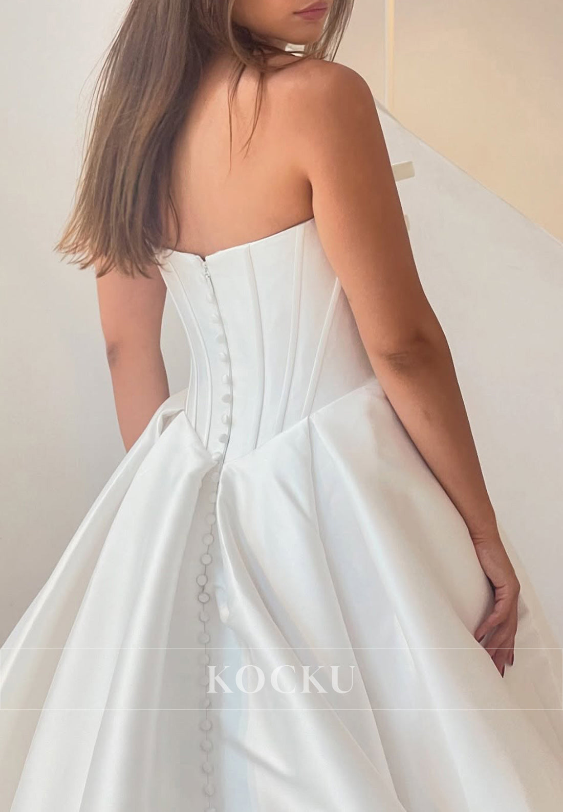 Minimalist White Satin Strapless Buttons Back Ballgown Wedding Dress