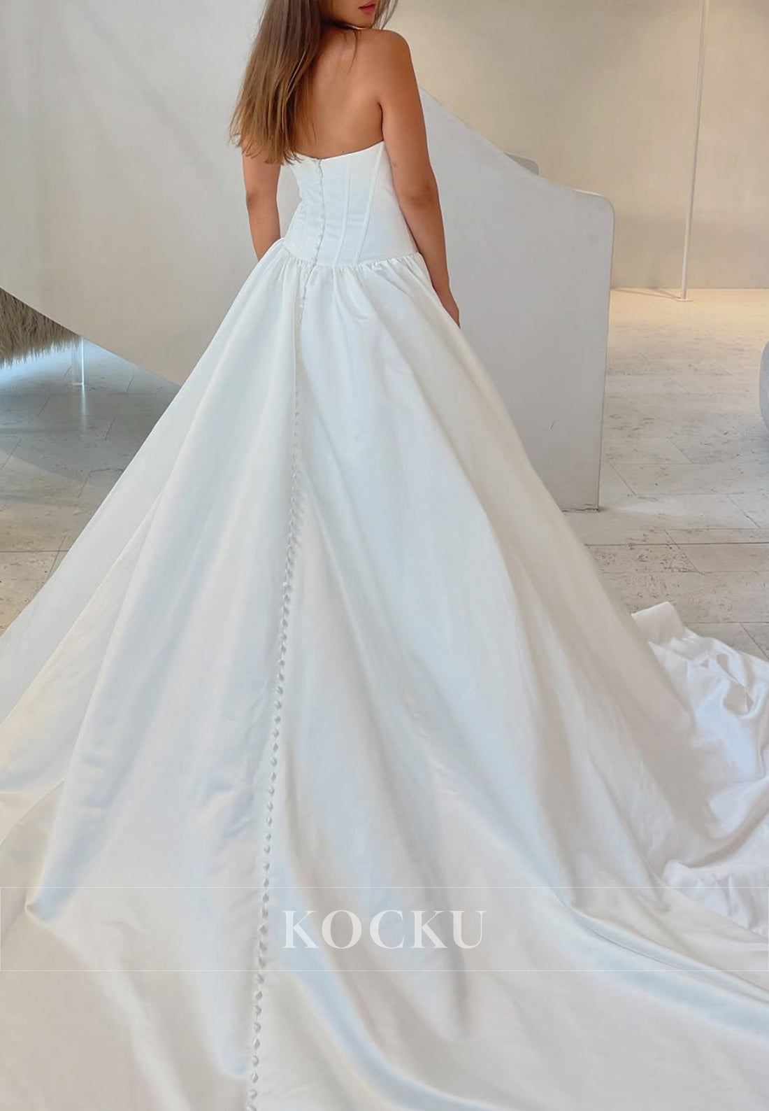 Classic White Strapless Ruched Buttons-Up Back Ball Gown Wedding Dress