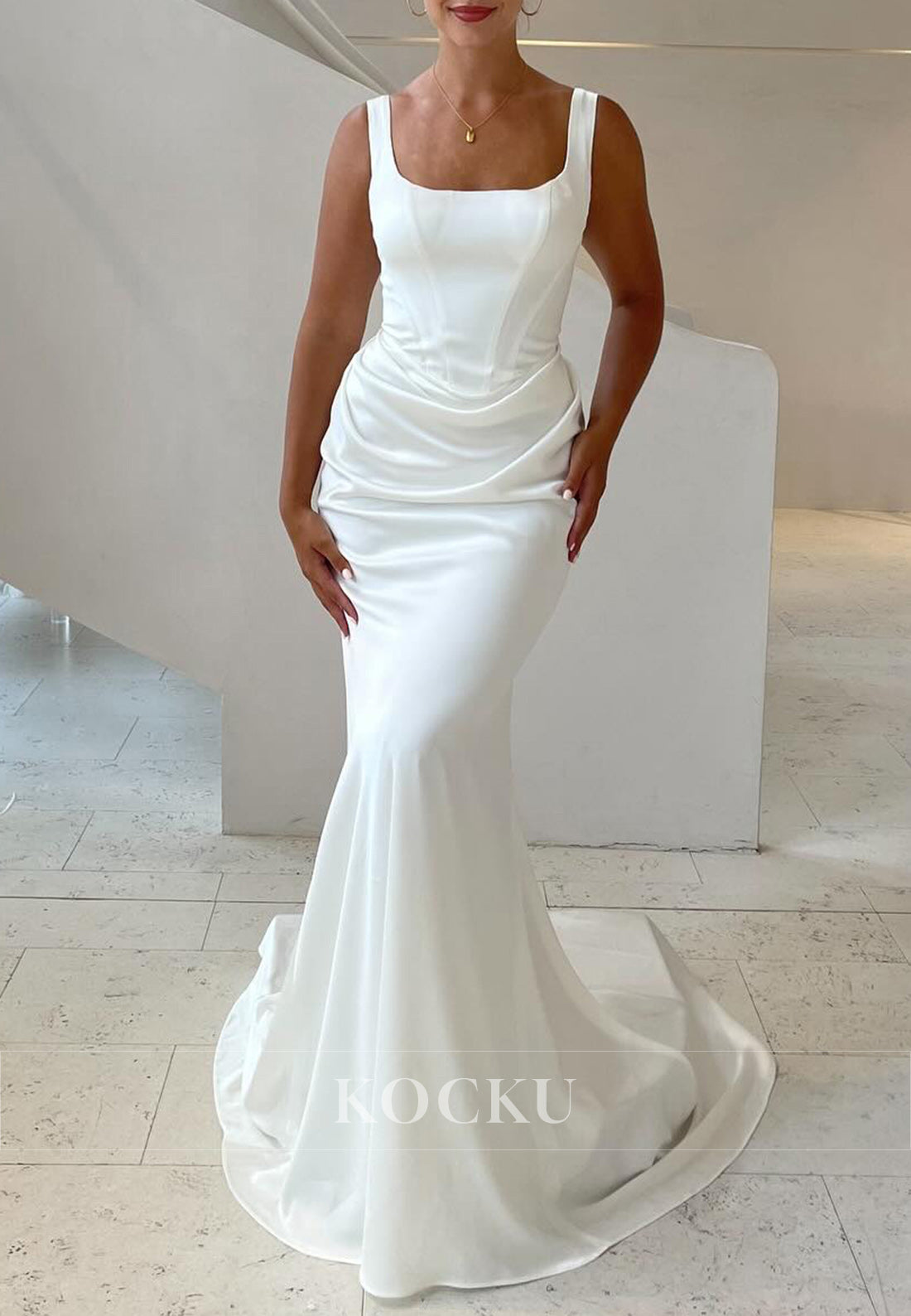 White Square Neck Backless Ruched Mermaid Long Wedding Dress