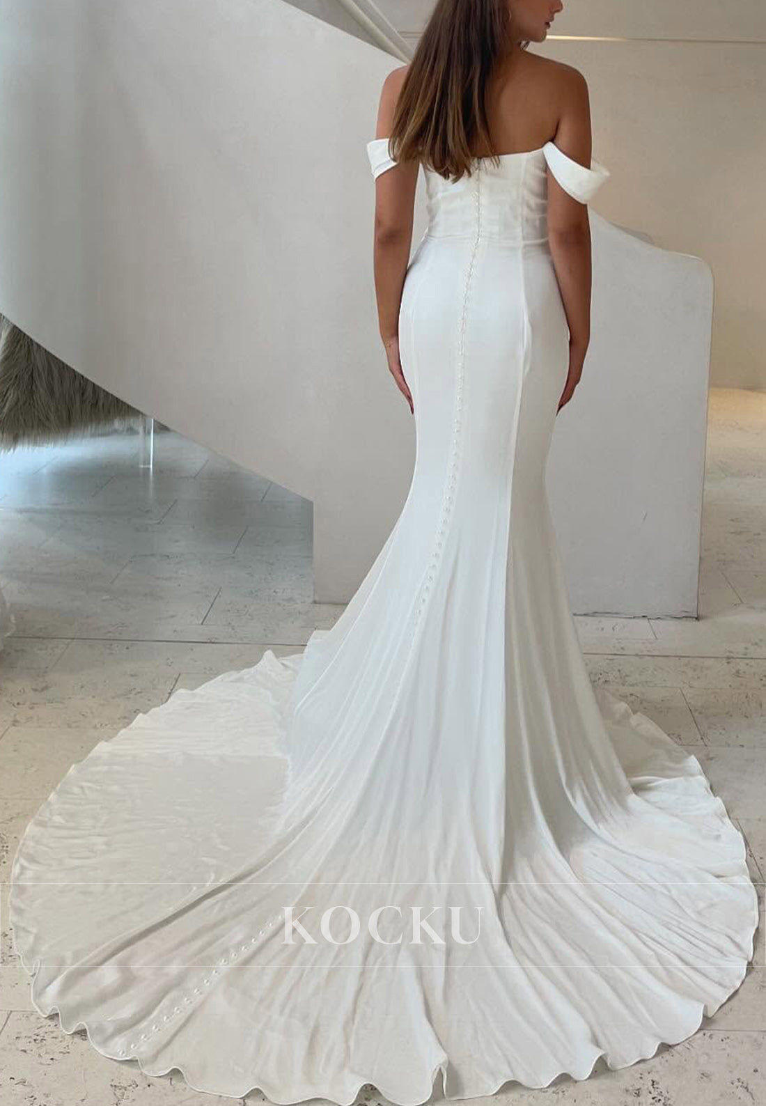 White Off-Shoulder Ruched Mermaid Long Wedding Dress