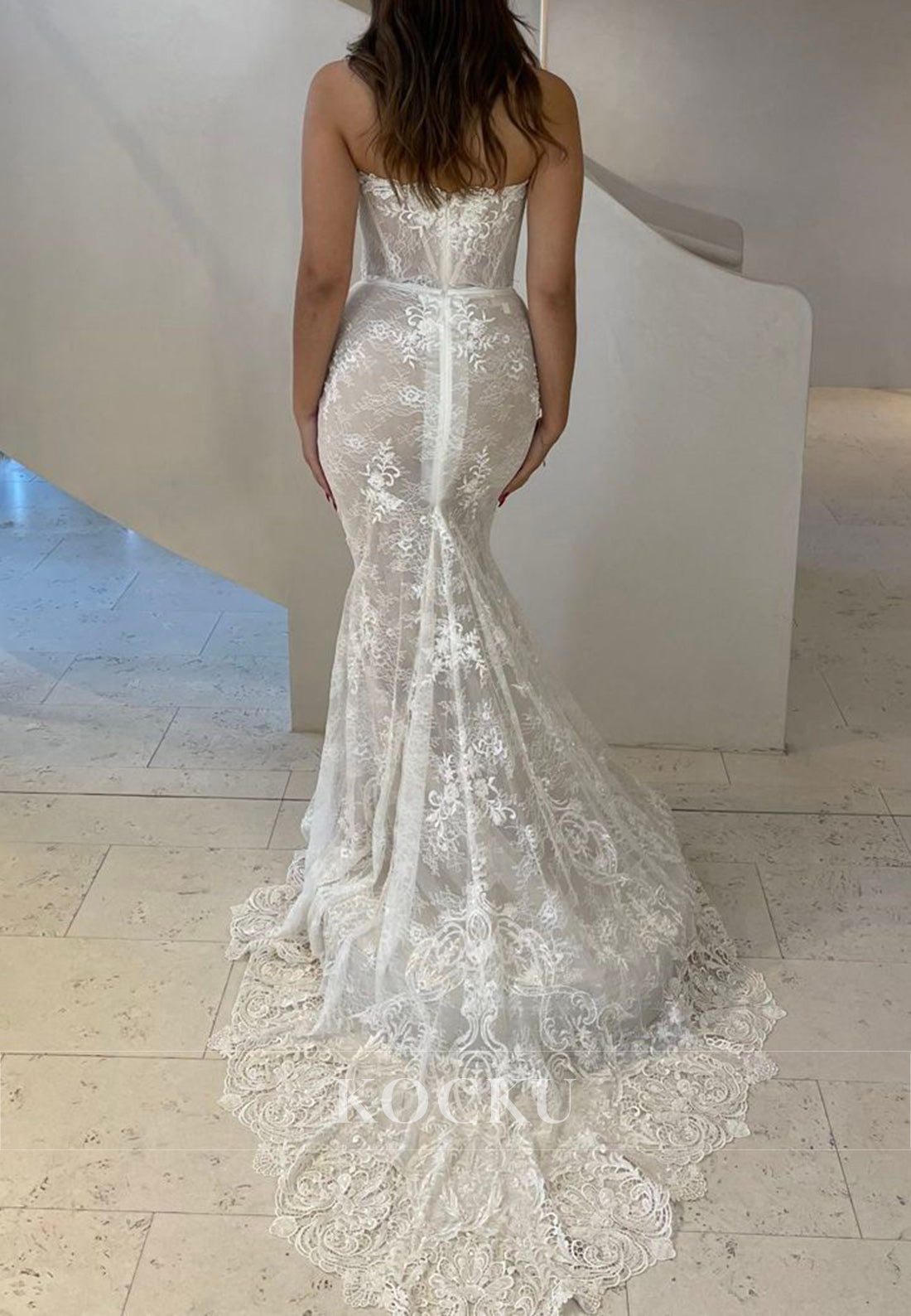 Nude Lace Scalloped Neck Mermaid Long Wedding Dress with Detachable Sleeves