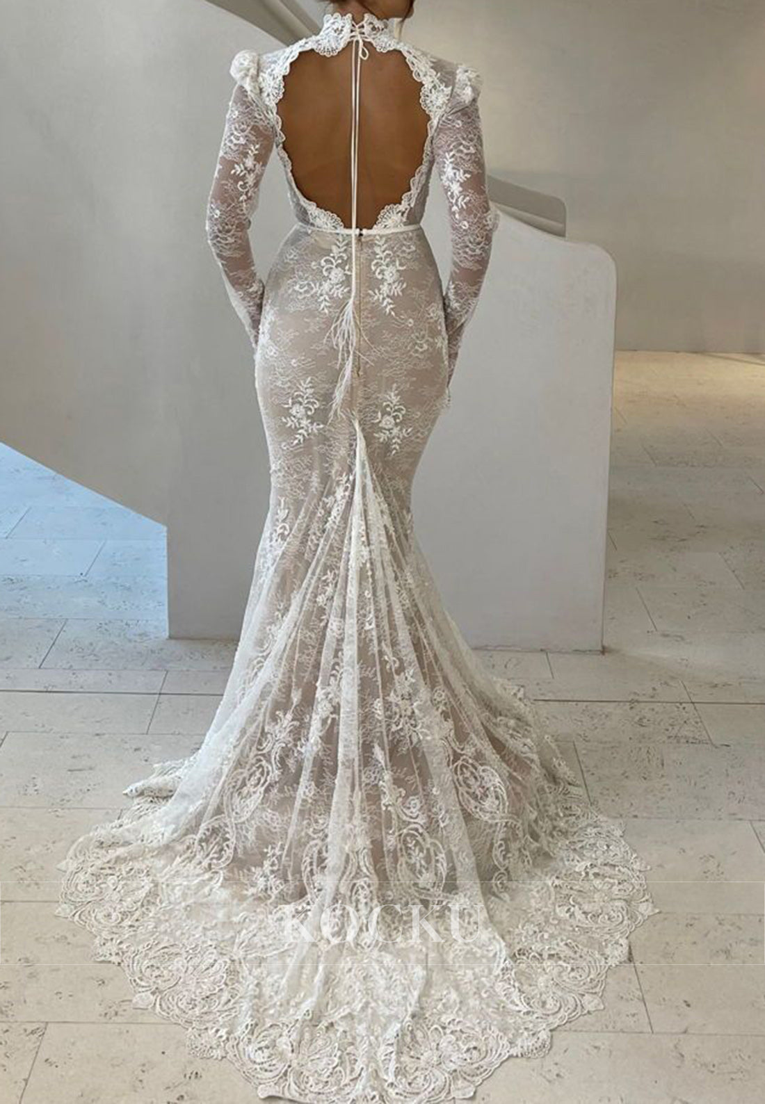 Nude Lace Scalloped Neck Mermaid Wedding Dress with Long Sleeves