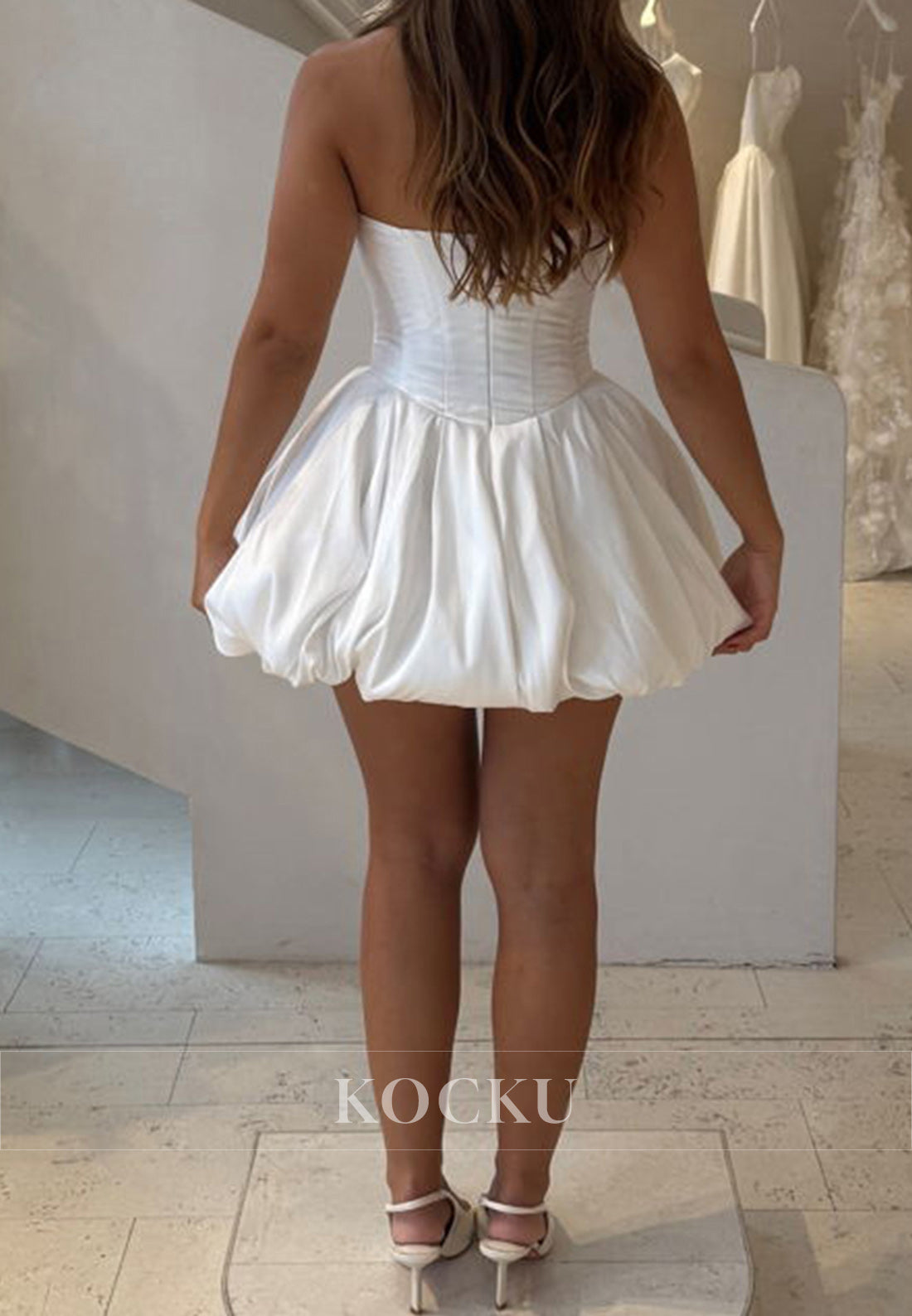 White Strapless Ruched Pleated A-Line Mini Wedding Dress