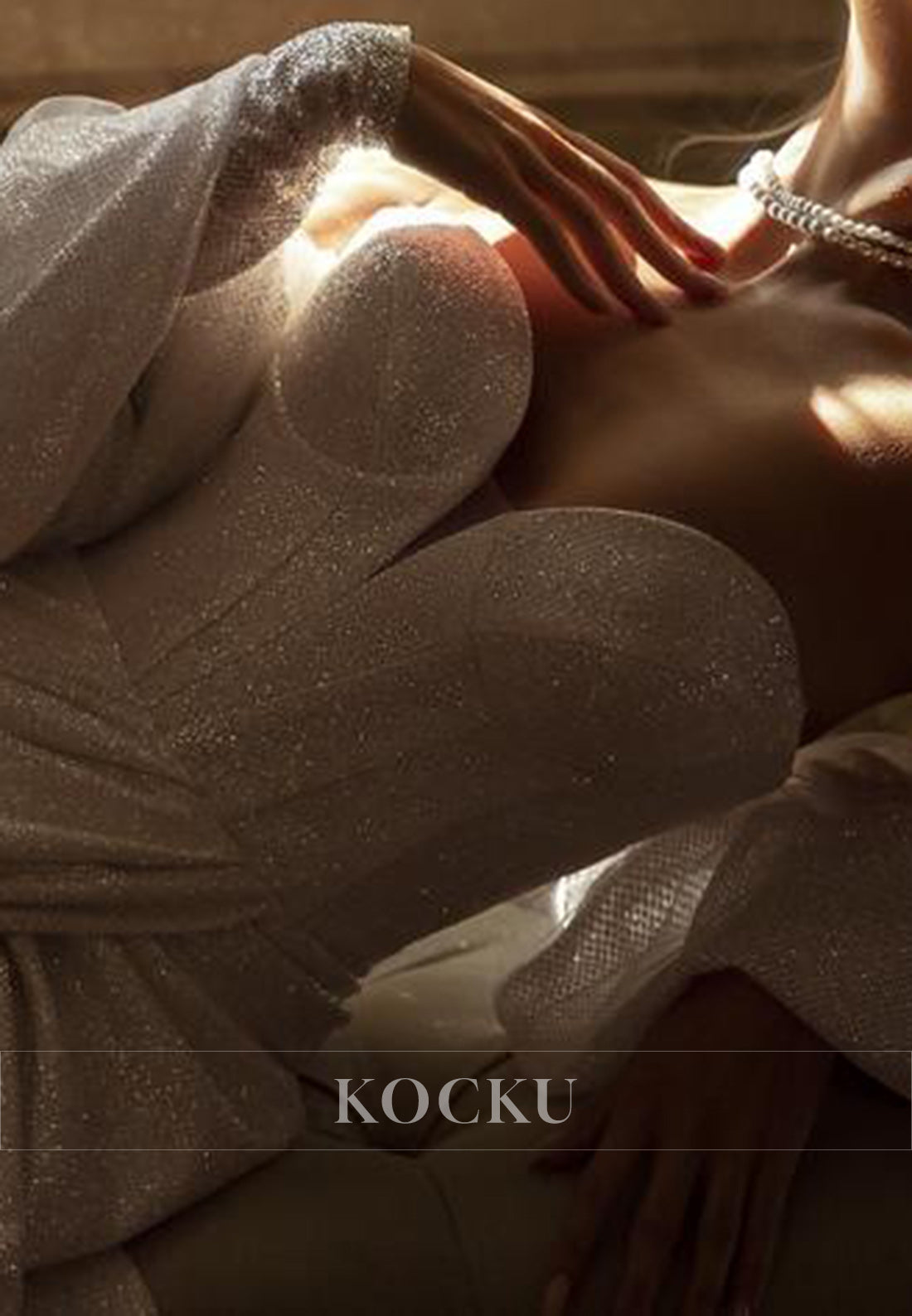 Glamorous Strapless Wrap Glitter Knit Wedding Dress with Detachable Puff Sleeves