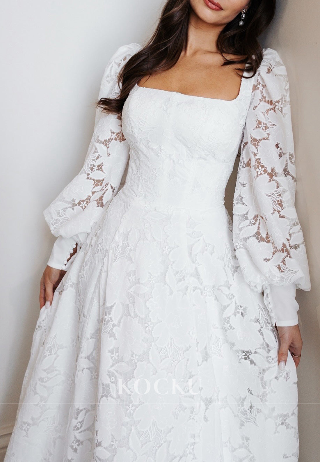 Romantic Square Neck Lace Wedding Dress with Puff Sleeves & Flowy Skirt