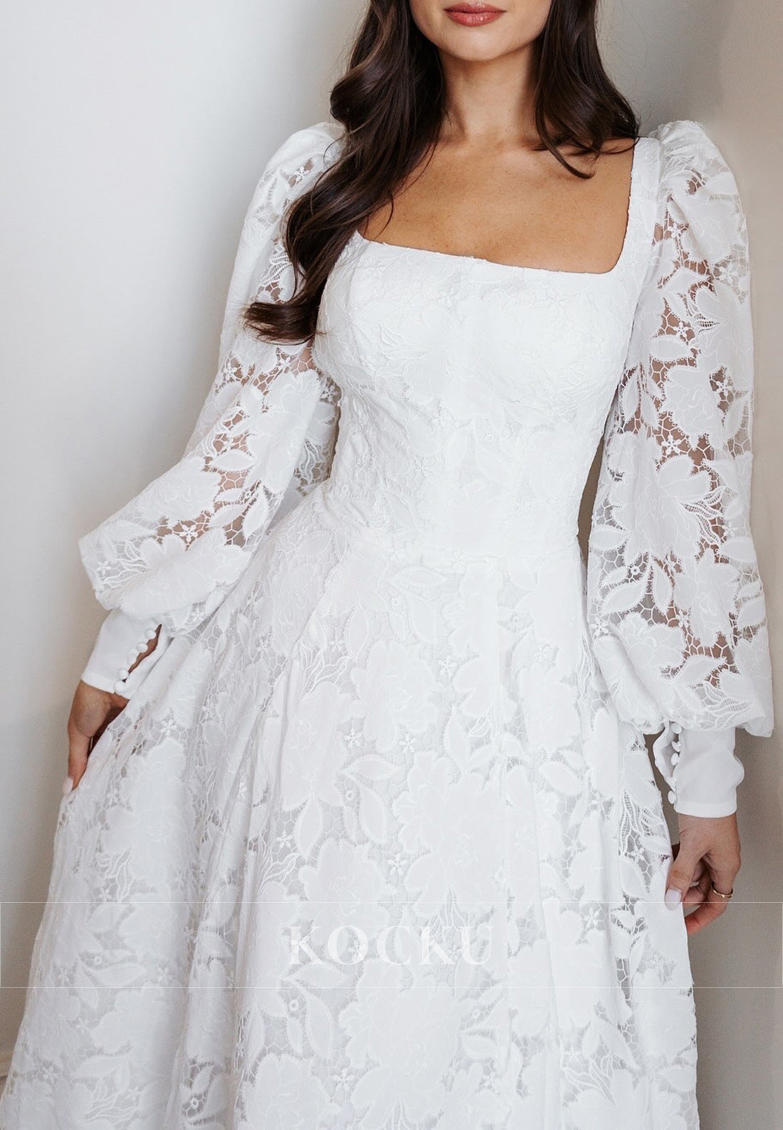 Romantic Square Neck Lace Wedding Dress with Puff Sleeves & Flowy Skirt